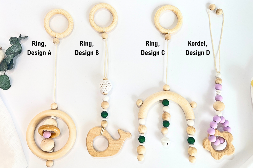 Spielbogenanhänger Design A–D mit verschiedenen Aufhängungsmöglichkeiten – Holz, Silikon- und Häkelperlen, BPA-frei