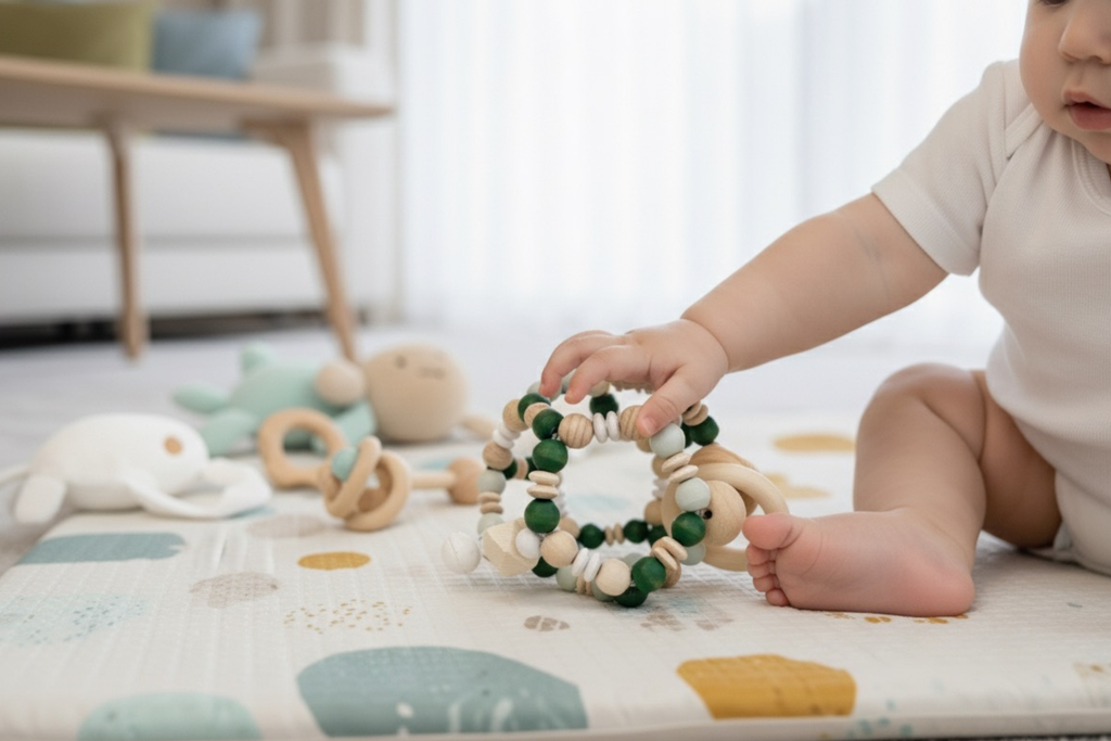 Sensorischer Motorikball für Babys auf einer weichen Spieldecke, ideal zum Greifen, Fördern der Feinmotorik und spielerischen Lernen.
