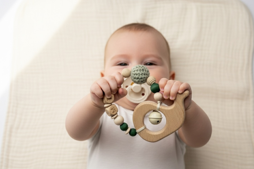Baby hält einen Greifring Beißring aus Holz und Silikon in der Hand und erkundet ihn spielerisch.