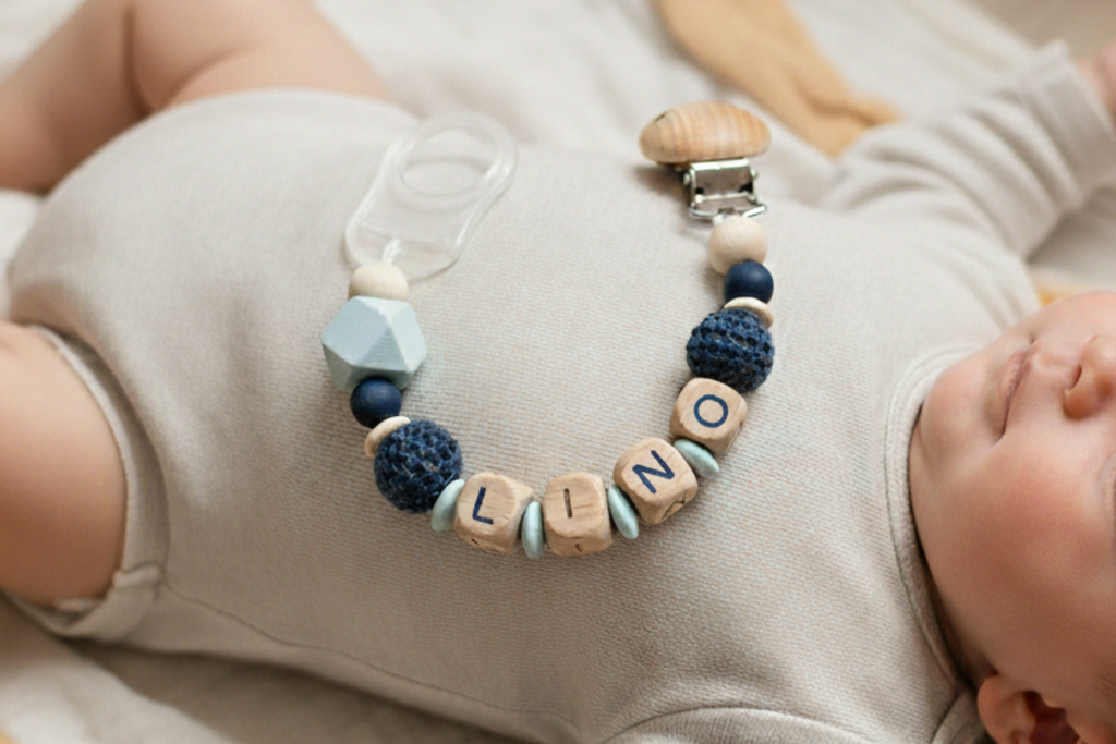 Personalisierte Schnullerkette in Blau auf dem Babybauch eines Neugeborenen, handgefertigt aus Holz und Silikon.