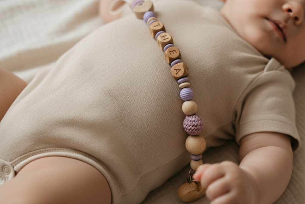 Personalisierte Schnullerkette in Lila auf dem Babybauch eines Neugeborenen, handgefertigt aus Holz und Silikon.
