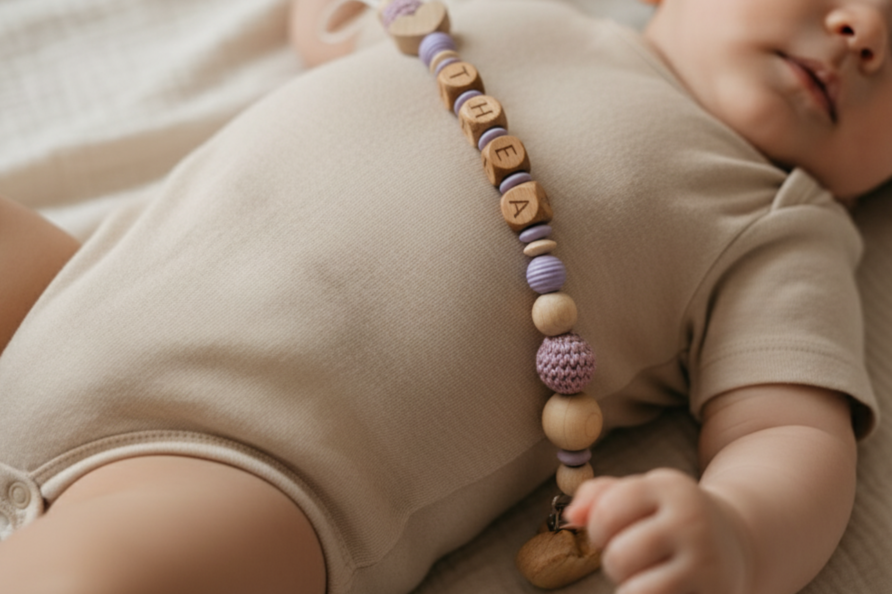 Personalisierte Schnullerkette in Lila auf dem Babybauch eines Neugeborenen, handgefertigt aus Holz und Silikon.
