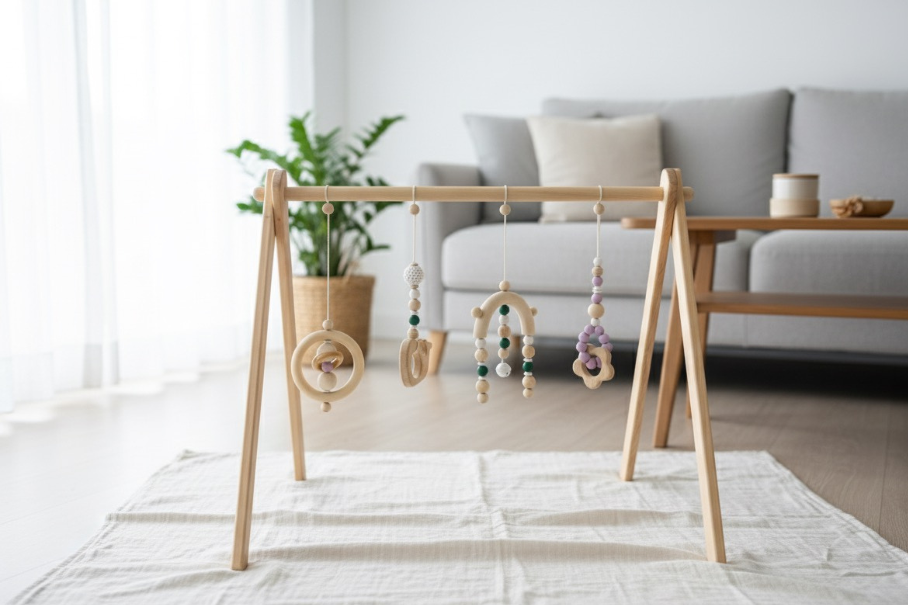 Handgefertigte Holzanhänger auf Baby Gym Spielbogen – liebevolles und sicheres Motorikspielzeug für Neugeborene und Babys