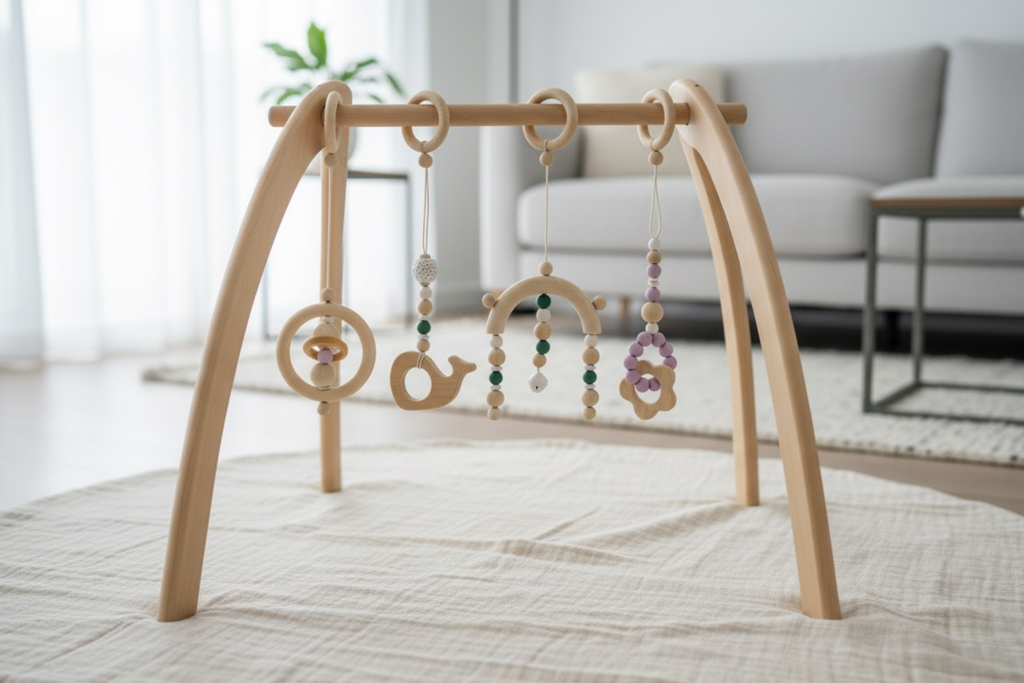 Spielbogenanhänger aus Holz in verschiedenen Designs am Baby Spielbogen – fördert Greif- und Motorikfähigkeiten spielerisch