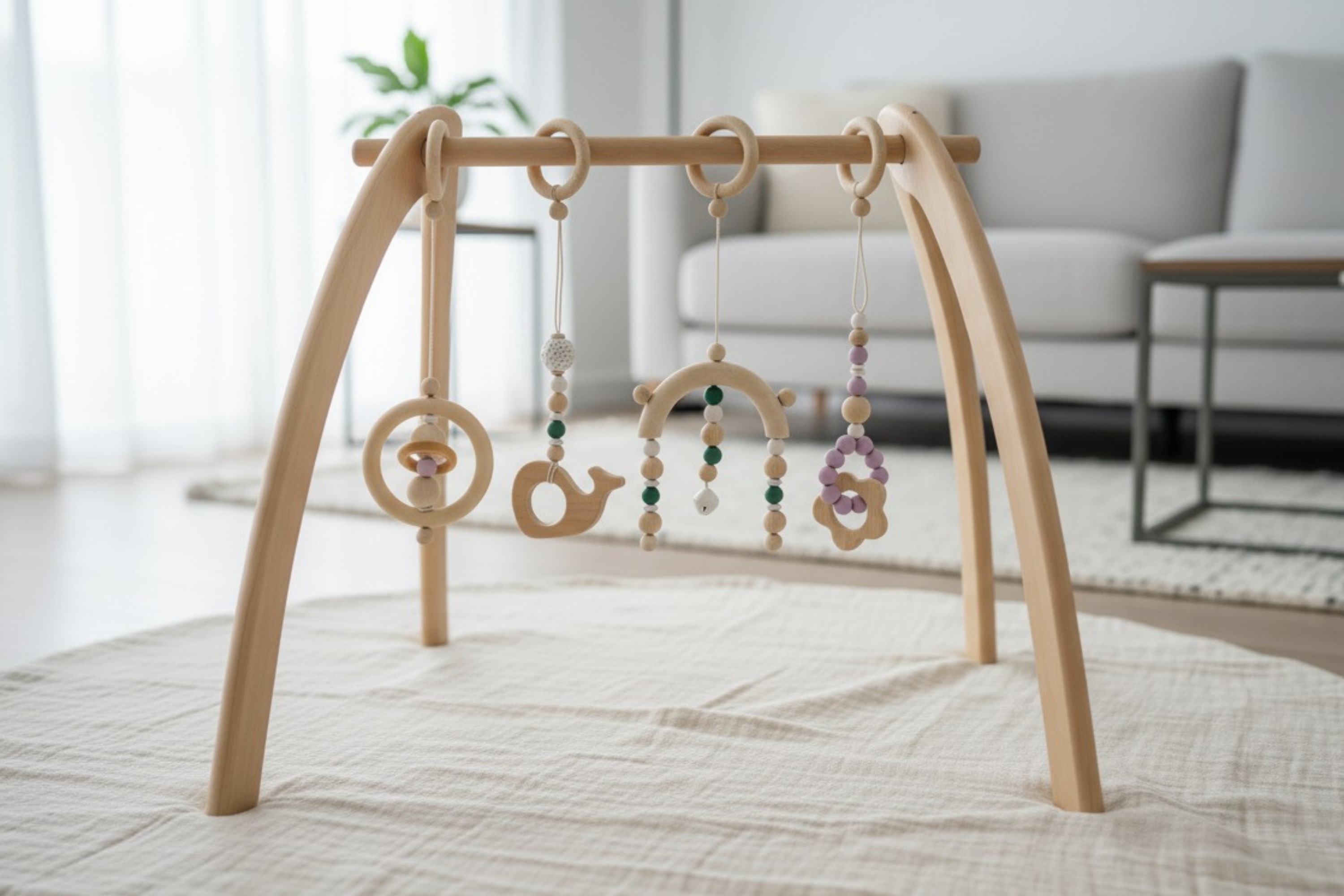 Spielbogenanhänger aus Holz in verschiedenen Designs am Baby Spielbogen – fördert Greif- und Motorikfähigkeiten spielerisch